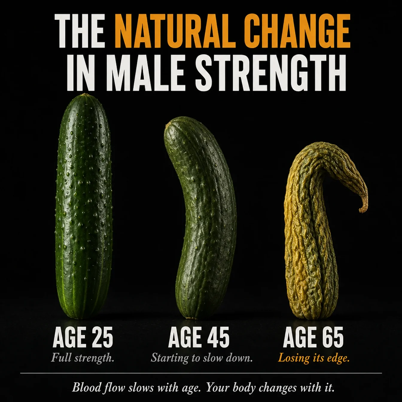 The natural change in male strength at ages 25, 45, and 65.